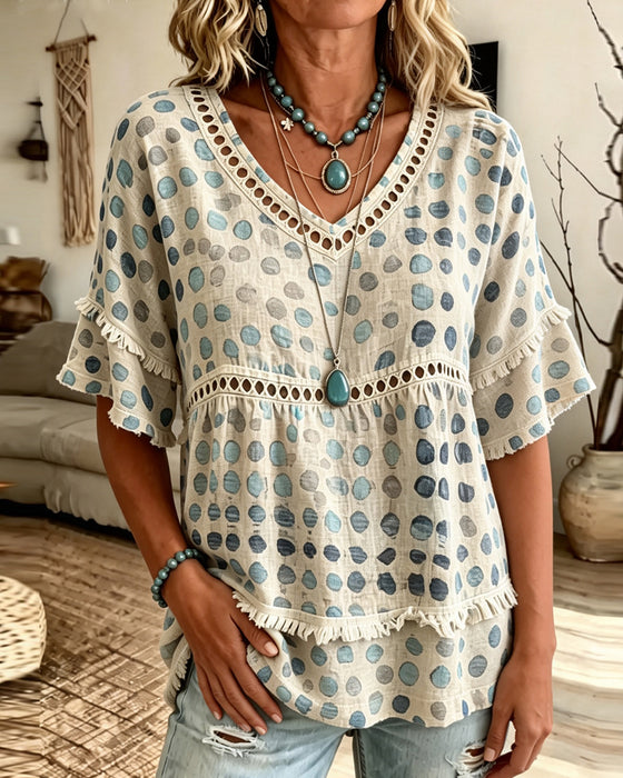 Bluse Franse V-Ausschnitt Tupfen Babydoll