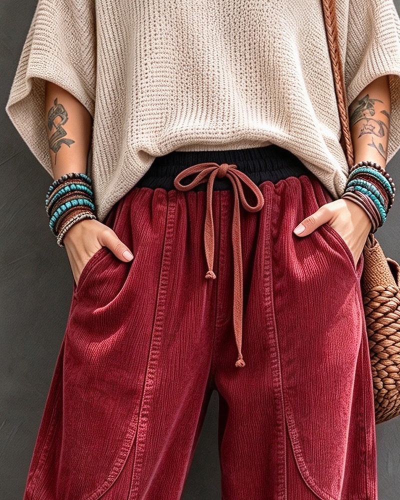 Hose Gummizug Taille Farbblock Cropped Weites Bein