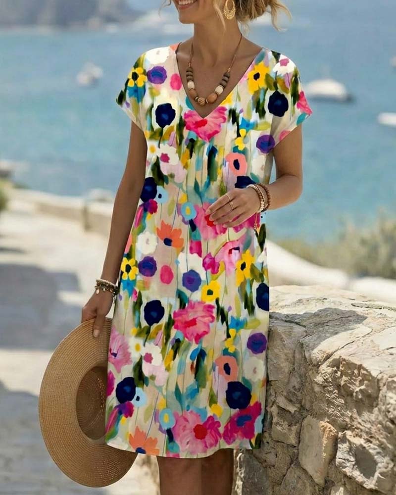 Kleid Ölgemälde Blumenprint Kurzarm