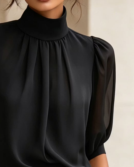 Bluse Hoher Kragen Puffärmel Ellenbogenlang Chiffon
