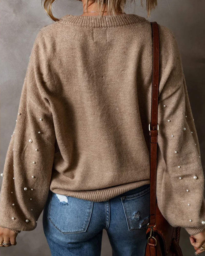 Pullover Mit Perlen Lange Ärmel Rundhals