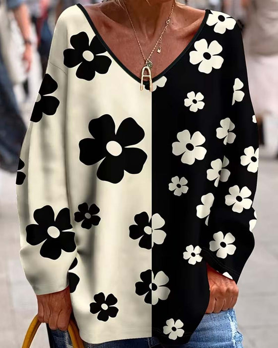 T-Shirt V-Ausschnitt Blumig Farbblock Locker
