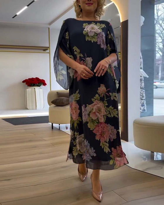 Kleid Rundhals Blumen Schlitz