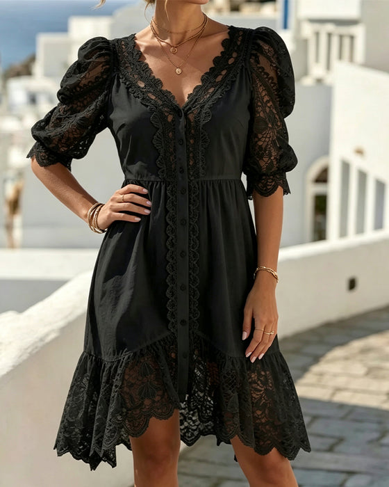 Kleid Puffärmel Spitze Kurz