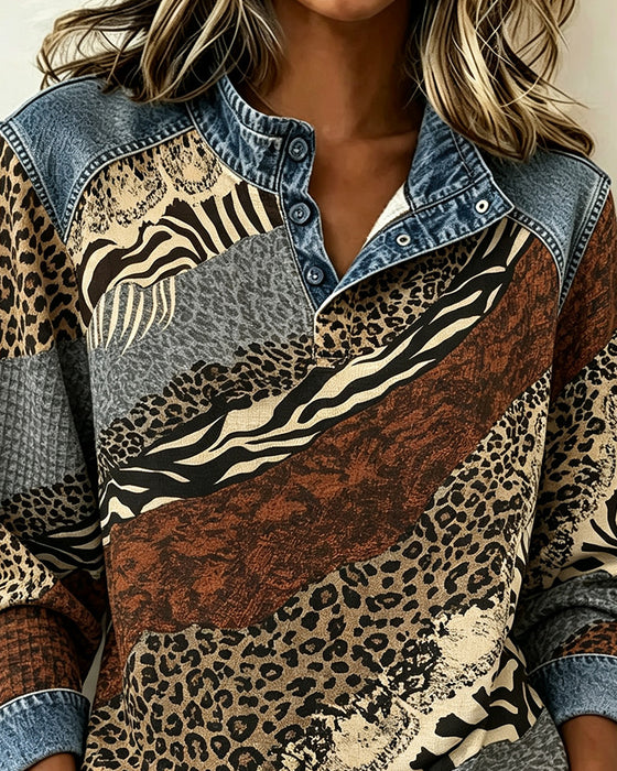 Bluse Patchwork Leopard Knopf