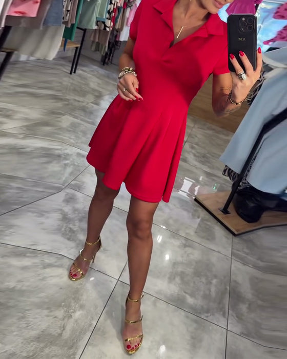 Kleid Revers Kurzarm Plissiert A-Linie