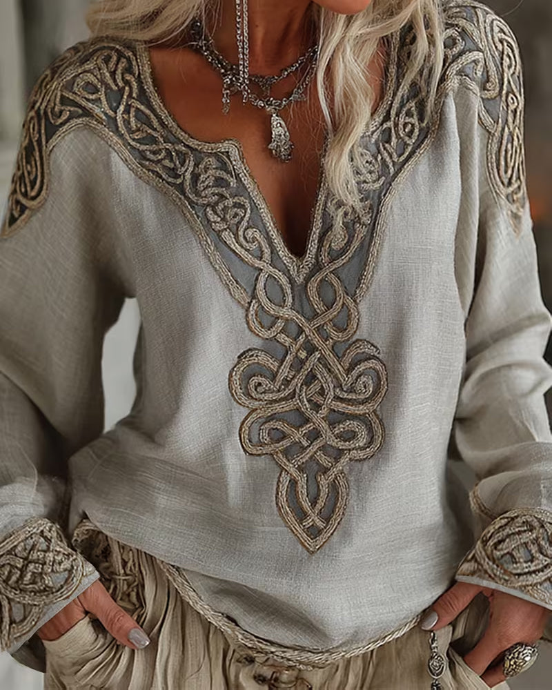 Bluse V-Ausschnitt Linie Kontrast Patchwork
