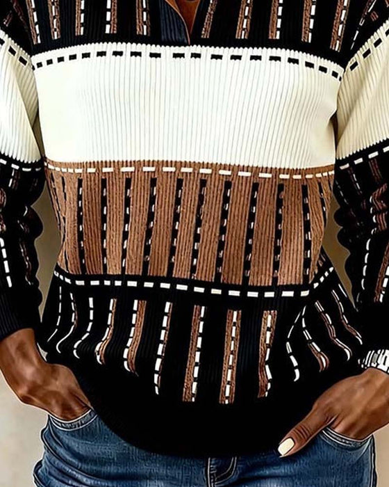 Sweatshirt Knopf Colorblock Gestreift Strukturiert