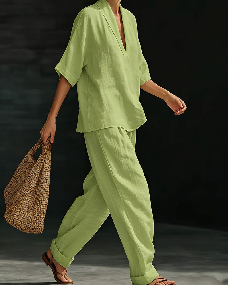 Set V-Ausschnitt Kurz Ärmel Baumwolle Leinen