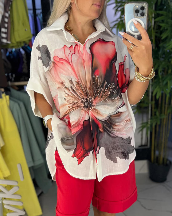 Bluse Reverskragen Großes Blumenmuster Halbarm