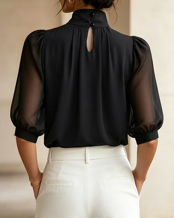 Bluse Hoher Kragen Puffärmel Ellenbogenlang Chiffon