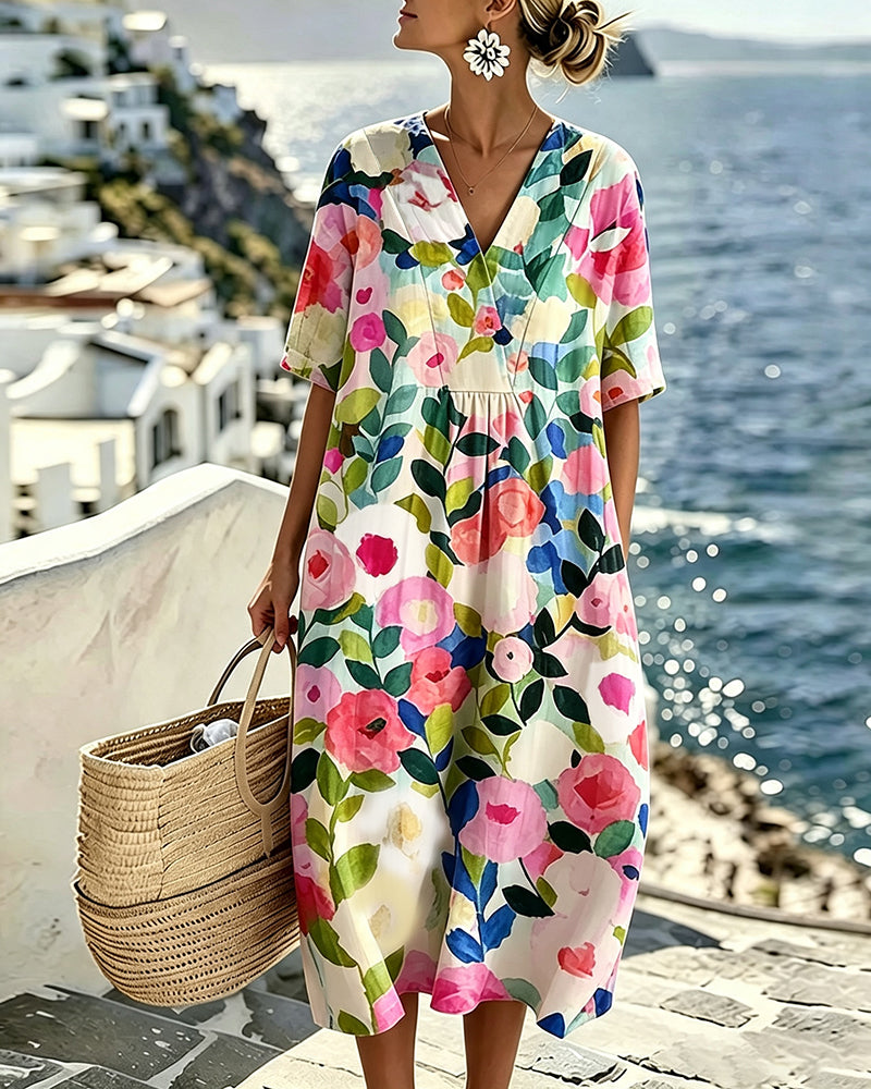 Kleid Aquarell Blumen V-Ausschnitt