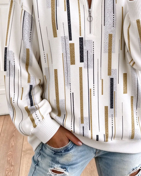 Sweatshirt Halber Reißverschluss Gestreift Locker
