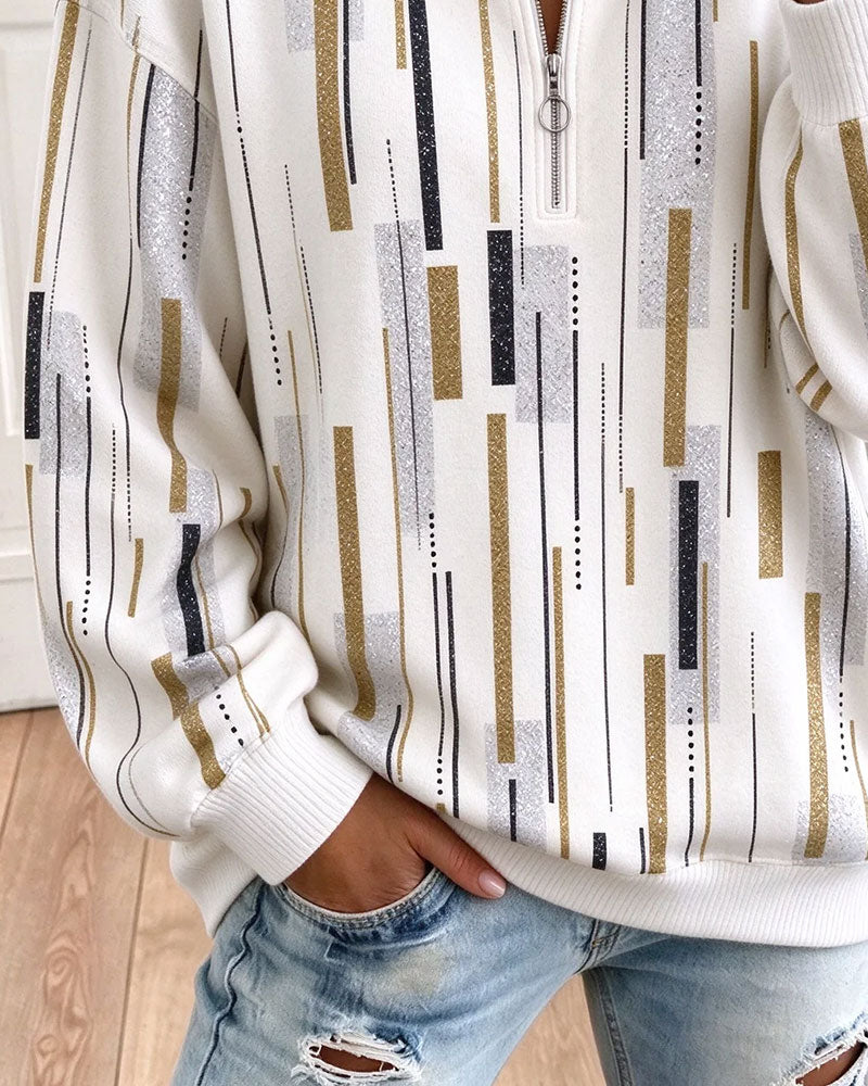 Sweatshirt Halber Reißverschluss Gestreift Locker