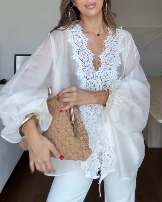 Bluse V-Ausschnitt Spitze Panel Rüsche