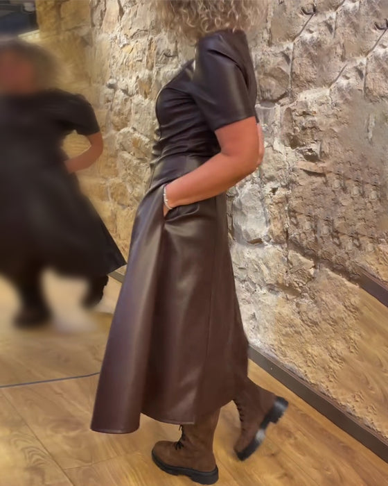 Kleid Pu Leder Tailliert Kurzärmlig