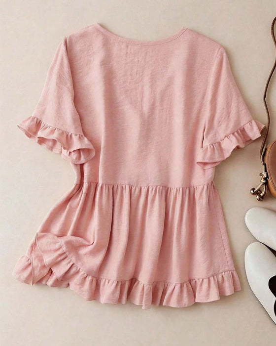 Bluse V-Ausschnitt Rüsche Perle Knopf