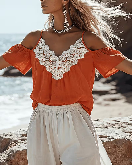 Bluse Spitze Patchwork Off-Shoulder