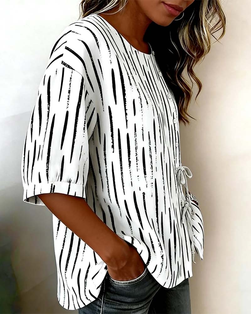 Top Gestreift Knopf Dreiviertel Ärmel