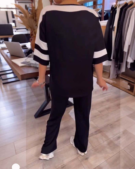 Set kurzärmlig Kontrastfarbe lässige gerade Hose