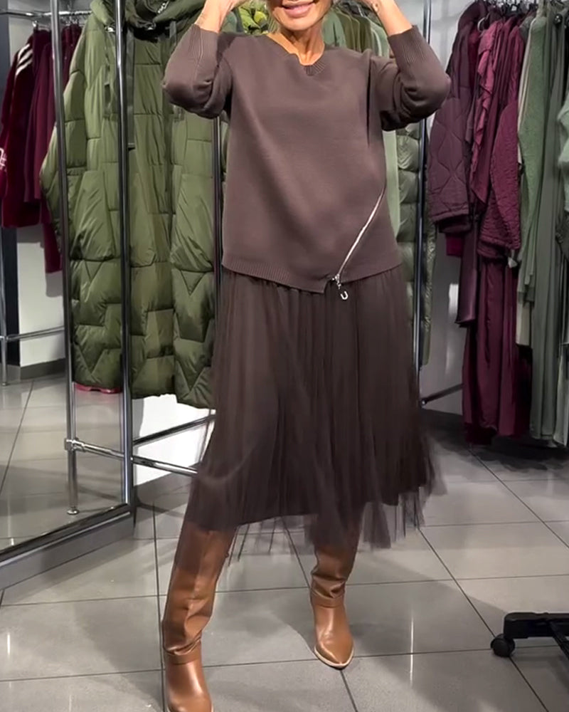 Stylisches Set Mit Rundhalspullover Und Reißverschlussdetail