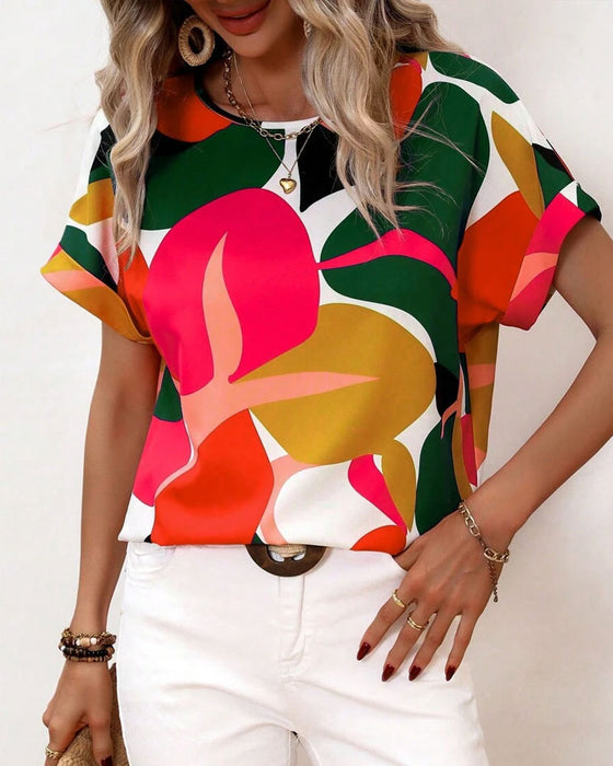 T-Shirt Rundhalsausschnitt Buntes Druck Kurzarm