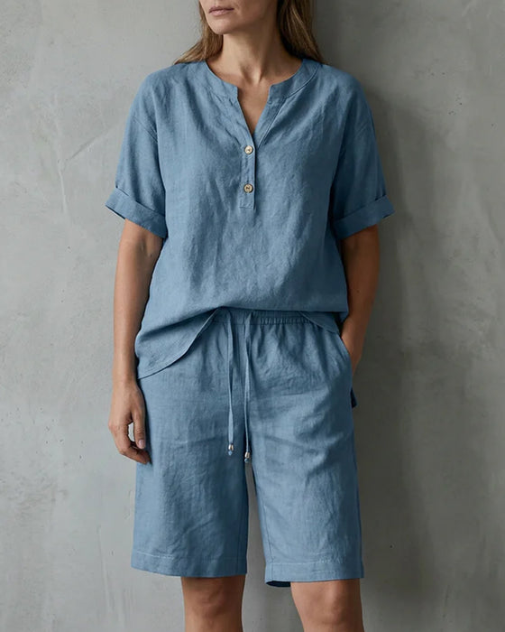 Zwei-Teile Set Henley-Ausschnitt Kurzarm Und Kordelzug Fünf-Punkt Weite Bein Hose