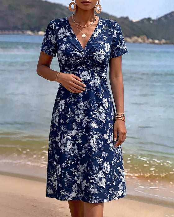 Kleid Blumen V-Ausschnitt Twist Knoten