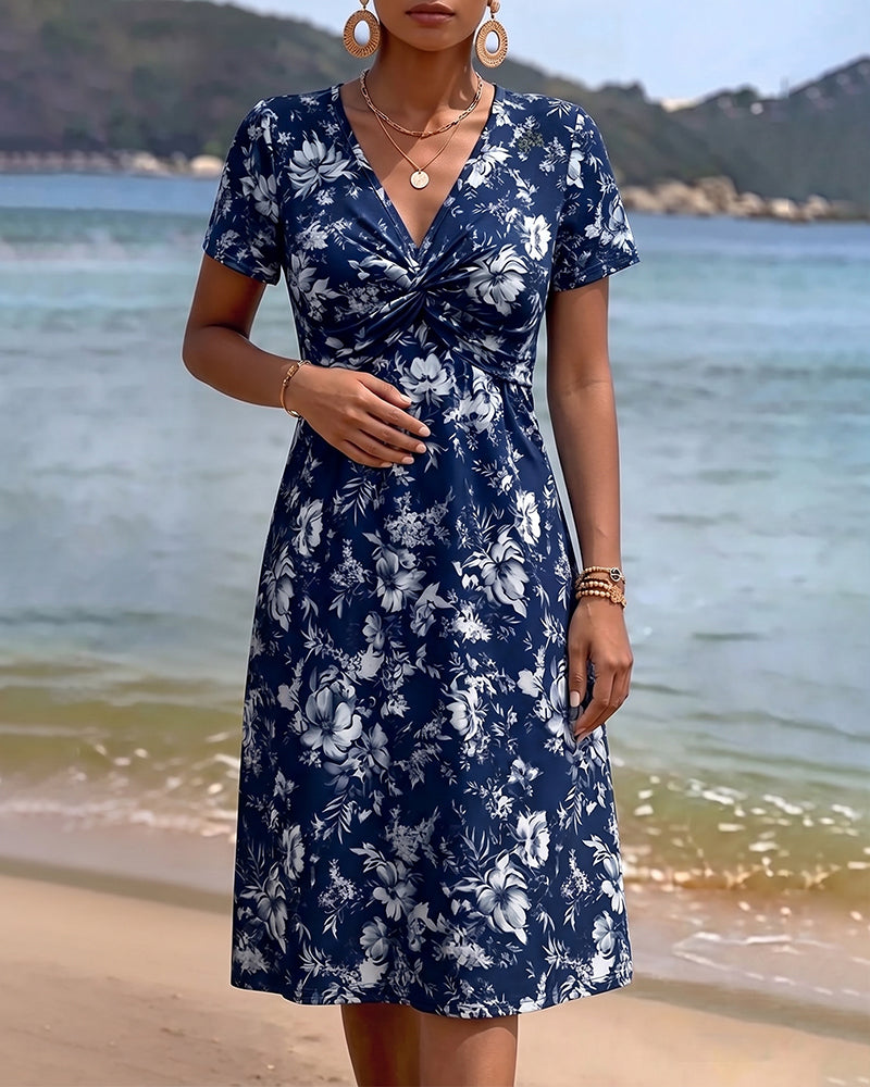 Kleid Blumen V-Ausschnitt Twist Knoten