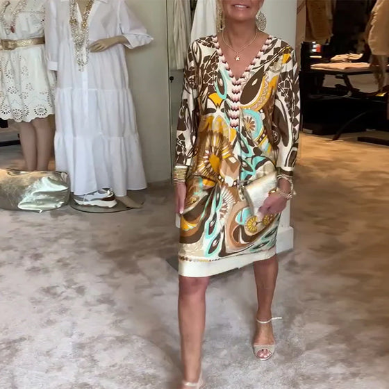 Lässiges Kleid mit V-Ausschnitt und Retro-Print