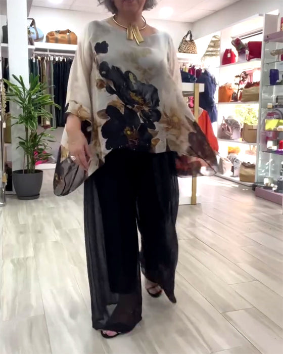 Bluse Langarm Unregelmäßig Großes Blumenmuster