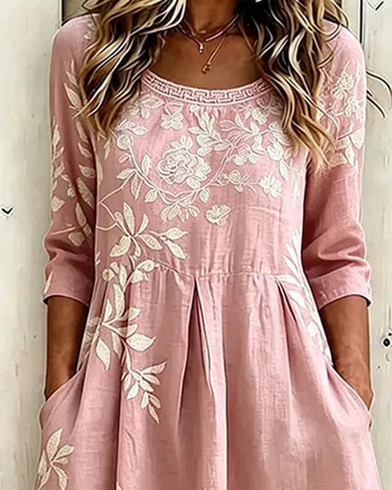 Kleid Rundhals Blumig Weiter Rock