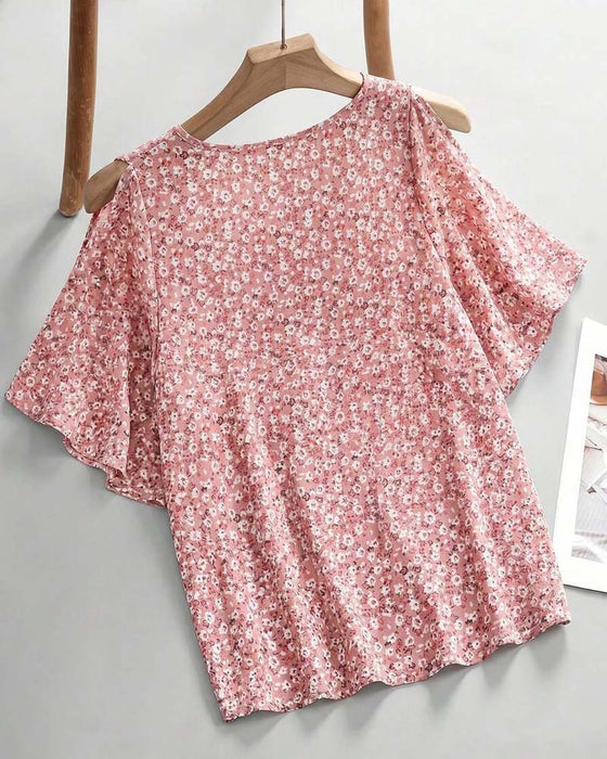 Bluse V-Ausschnitt Blumig Off-Shoulder Flügelärmel