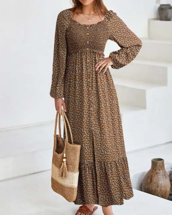 Kleid Blumen Viereckiger Ausschnitt Langarm Maxi