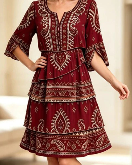 Kleid Bedruckter Rundhals Halb-Ärmel