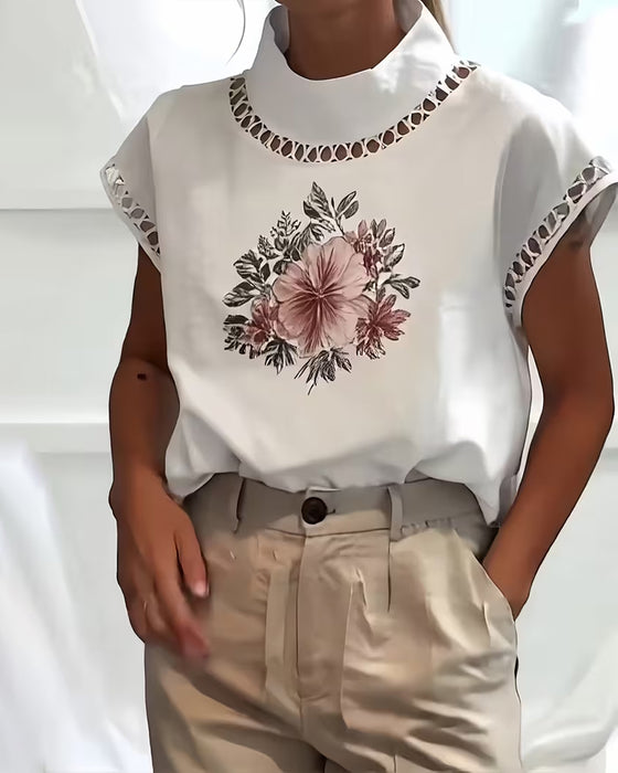 T-Shirt Halber Rollkragen Ärmellos Durchbrochen