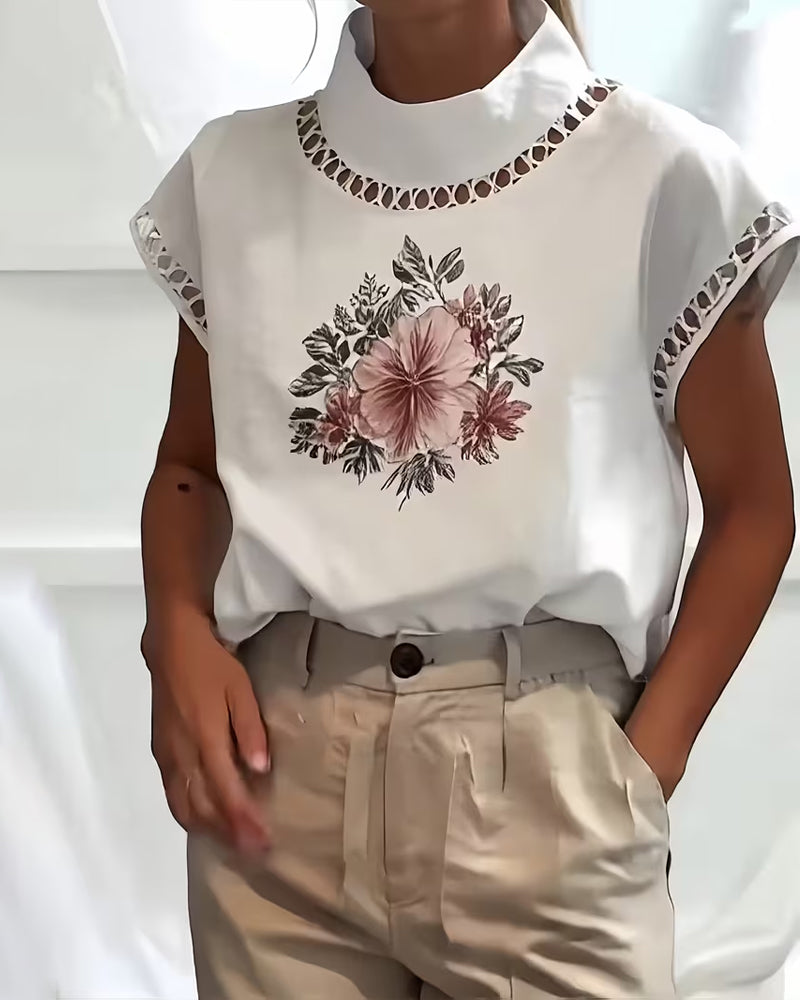 T-Shirt Halber Rollkragen Ärmellos Durchbrochen