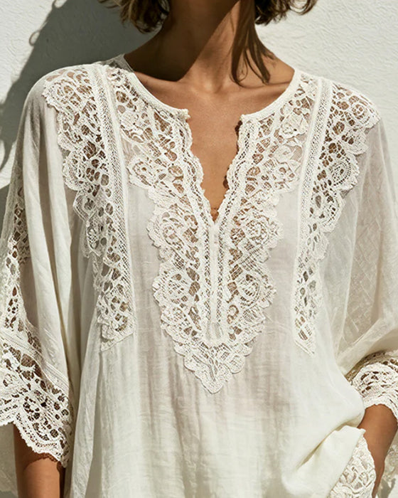 Einfarbige Spitzen-V-Ausschnitt-Bluse