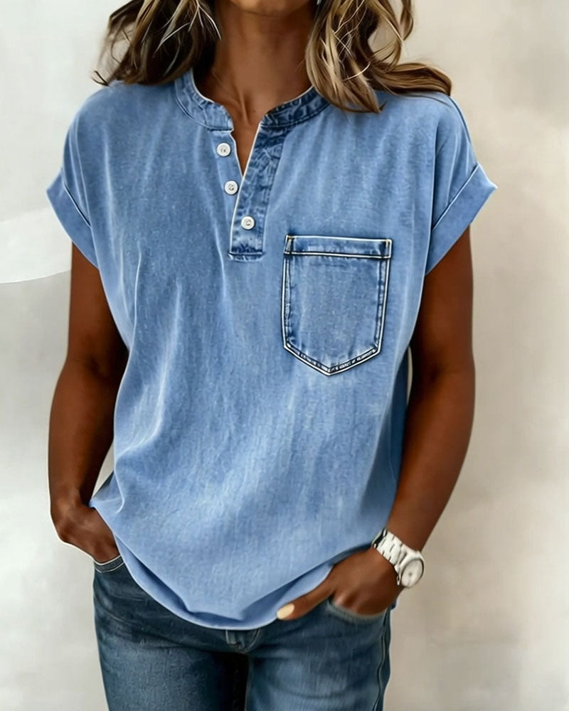 Top Gewaschen Denim Henley Kurzarm