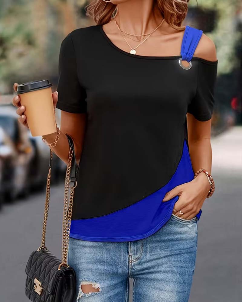 T-Shirt Cold Shoulder Farbblock Lässig