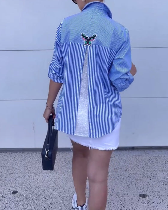 Bluse lässig Revers gestreift hinten Spitze