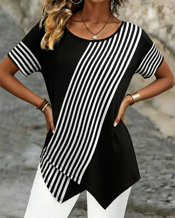 T-Shirt Diagonaler Streifen Patchwork Rundhals