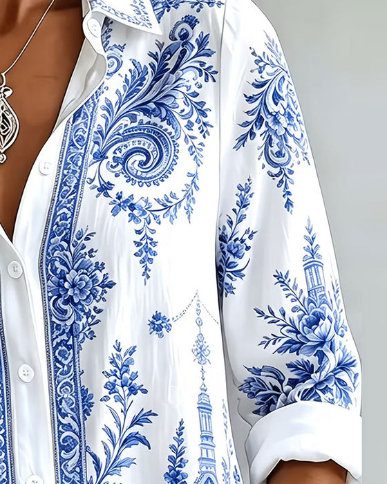 Hemd Blau Porzellan Druck Revers