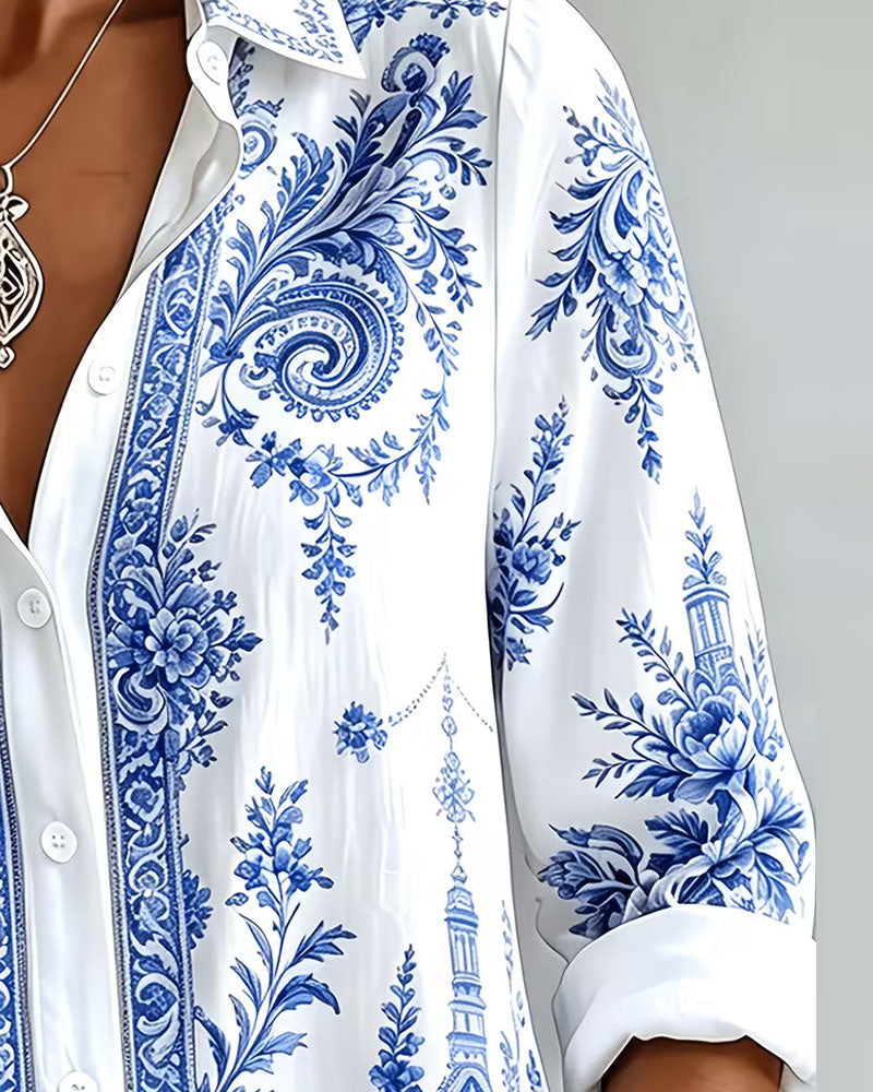 Hemd Blau Porzellan Druck Revers