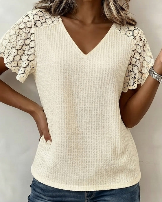 T-Shirt V-Ausschnitt Waffel Spitze Patchwork Uni