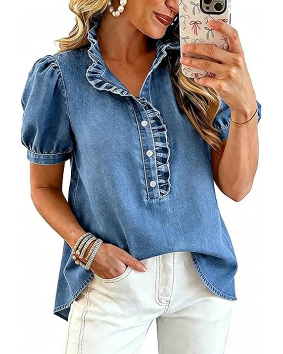 Bluse Knopf Hoch Rüsche Denim