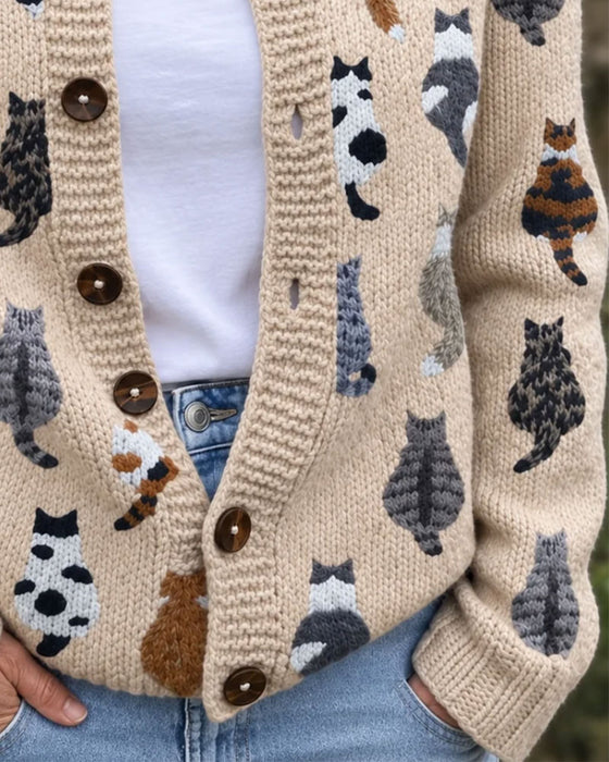 Cardigan Katze Rücken Druck Gestrickt