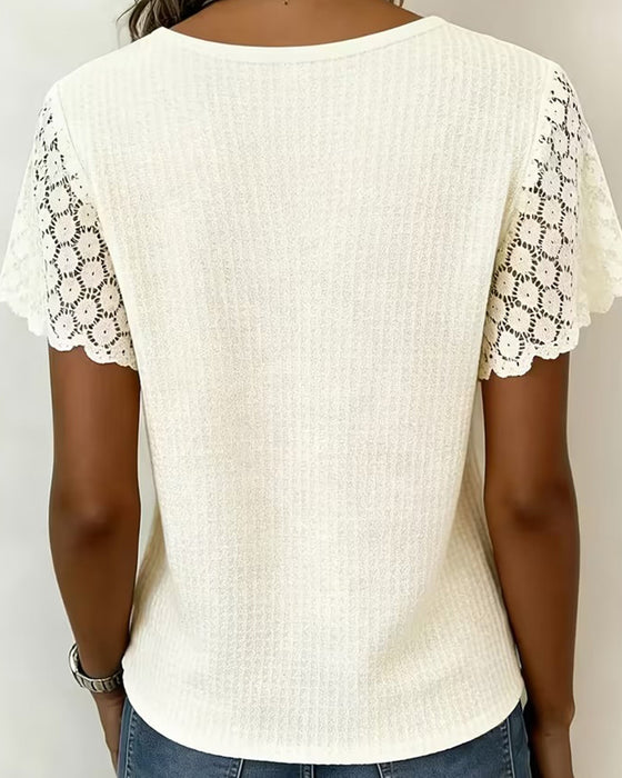 T-Shirt V-Ausschnitt Waffel Spitze Patchwork Uni