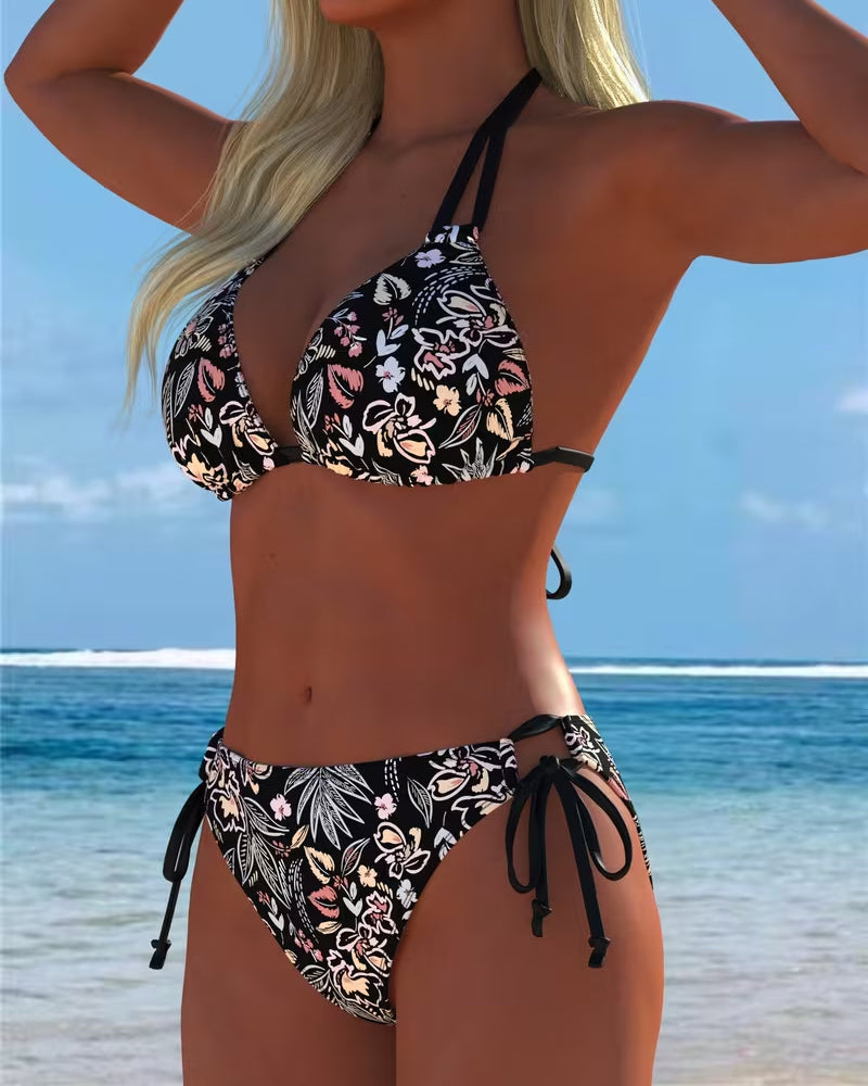Bikini Blumenmuster Neckholder Binden Zweiteiliger Bikini