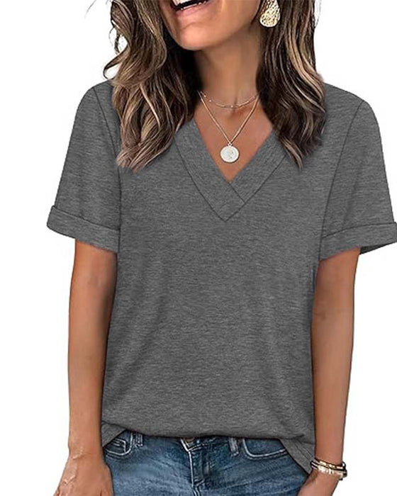 T-Shirt Einfarbig V-Ausschnitt Lässig Kurzarm